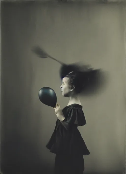 Image similar to little girl looks at a balloon that flies away, fine art portrait photography by Sarah Moon