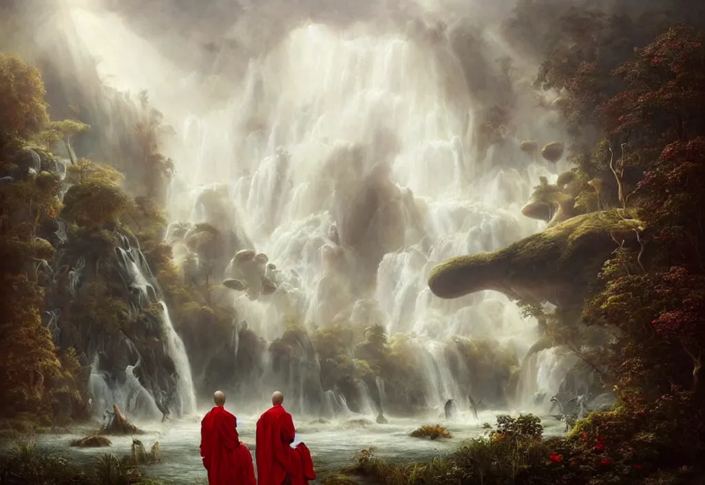 Image similar to floating lands in-clouds, foggy, volumetric fog, flying whales, sun beams, blooming, bird flocks!!, giant mushrooms, waterfalls, monks in red robes; by Tom Bagshaw, Ivan Shishkin, Hans Thoma, Asher Brown Durand