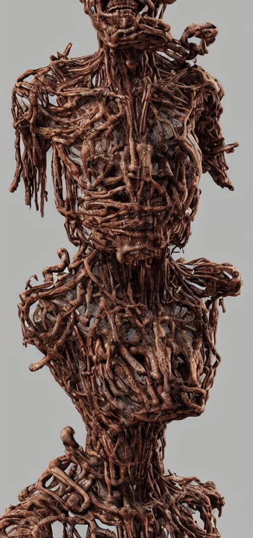 Image similar to hyperealistic sculpture of a human with rusty pipes extruding from the body, body horror, human bodies, scary, human faces, disturbing,
