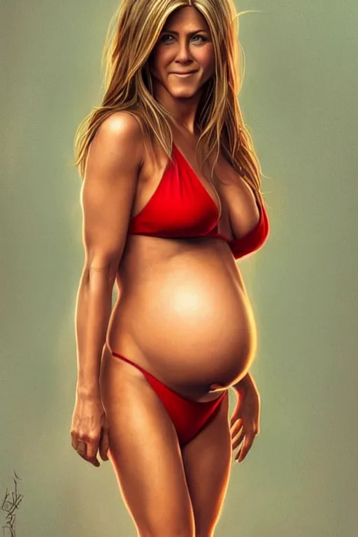 Image similar to pregnant jennifer aniston in a red bikini, realistic portrait, symmetrical, highly detailed, digital painting, artstation, concept art, smooth, sharp focus, illustration, cinematic lighting, art by artgerm and greg rutkowski and alphonse mucha
