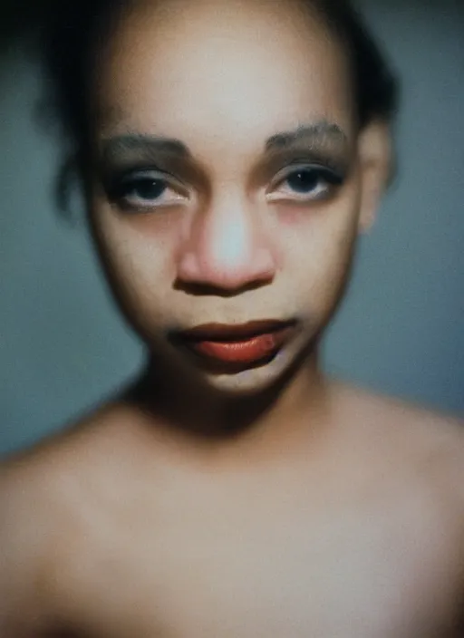 Image similar to close-up, color film photography, portrait of woman with vitiligo, in style of nan goldin, soft focus, golden hour, soft light, 35mm, film photo