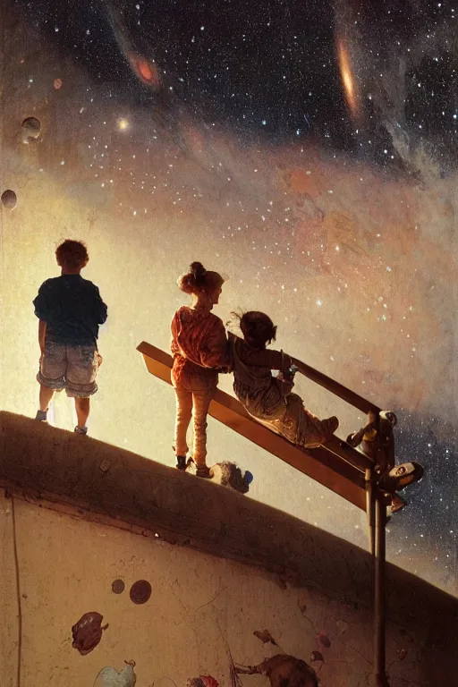 Prompt: a 1 2 year old boy and 1 0 year old girl dreaming about a universe full of galaxies, part by norman rockwell, part by greg rutkowski, part by mattias adolfsson, high angle, ( ( ( ( volumetric lighting ) ) ) ), oil on canvas