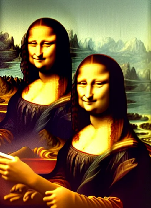 Prompt: oil painting of Mona Lisa holding up an iPhone to take a selfie by Leonardo Da Vinci