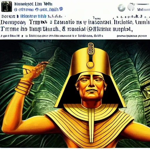 Image similar to a pharaoh with the face of donald trump and a maga hat, majestic, powerful, pyramids, anunaki, hieroglyphs, lush, rainforest, river, green, river god, wilbur smith, gold, trump tower