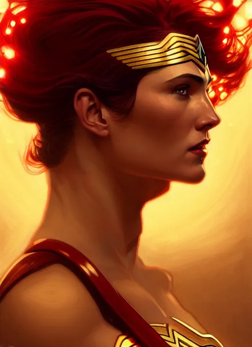 Prompt: symmetry!! portrait of wonder woman with red hair, old west, glowing lights!! intricate, elegant, highly detailed, digital painting, artstation, concept art, smooth, sharp focus, illustration, art by artgerm and greg rutkowski and alphonse mucha