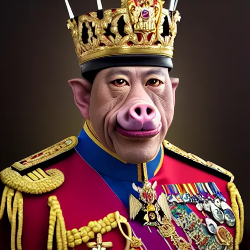 Image similar to a portrait of King Vajiralongkorn with the facial features of a pig, realistic face, grimdark extremely detailed fantasy art by Gerald Brom, octane render