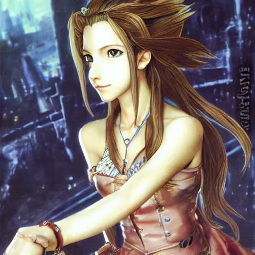 Image similar to a portrait painting of aerith from from final fantasy 7 with the steam punk city midgard as backfrop by master artist yoshitaka amano