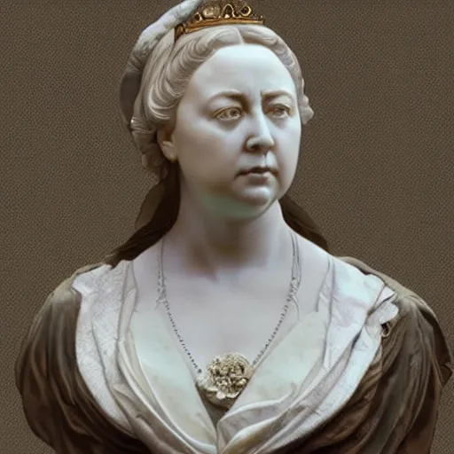 Image similar to beautiful lifelike award winning marble statue bust of queen victoria trending on art station artgerm greg rutkowski alphonse mucha museum quality cinematic atmospheric