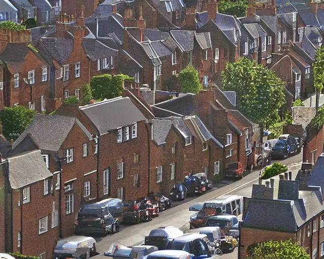 Prompt: view of a british street from an upstairs window, sunny day, cars parked, 2006 photograph
