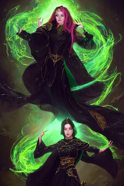 Image similar to a portrait of a youthful attractive girl sorceress wearing a black robe with gold embroidery, casting a spell, green glows, painted by artgerm and tom bagshaw, in the style of magic the gathering, highly detailed digital art