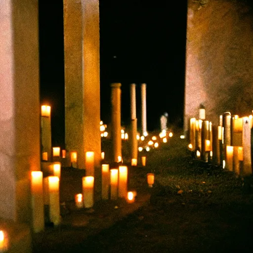 Prompt: film photography film photography of a cemetery, Panteón de Dolores, Mexico City, at night, lit with candles, Leica M6, cinestill 800, Noctilux 50mm