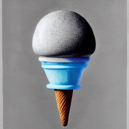 Prompt: Hyperrealistic symmetric painting of a levitating mirror-flavored ice cream cone filled with a huge blob of liquid mercury