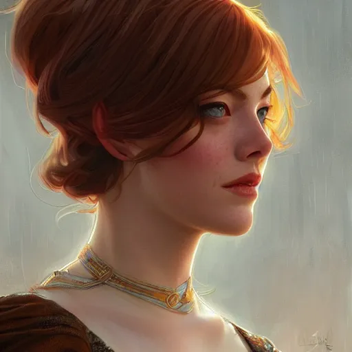 Image similar to beautiful young emma stone, closeup, d & d, fantasy, intricate, elegant, highly detailed, digital painting, artstation, concept art, matte, sharp focus, illustration, art by artgerm and greg rutkowski and alphonse mucha