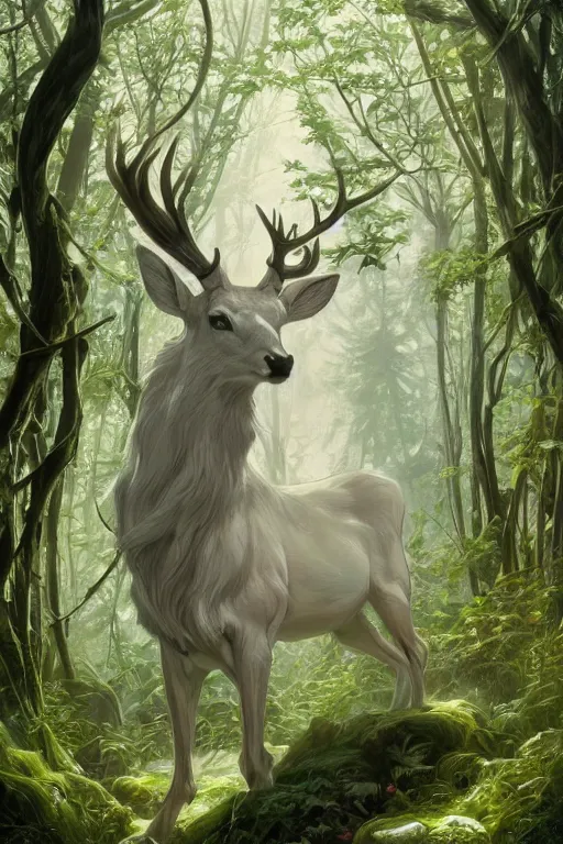 Image similar to White Stag in the distance, lush green deep forest, cold light, art nouveau, 4K, character concept art, oil painting, trending in artstation, cgsociety, by nekro, Alphonse Mucha, Artgerm, WLOP, Greg Rutkowski