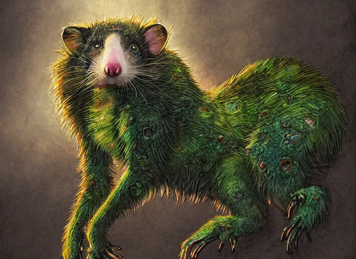 Image similar to full-body portrait of a anthro green zombie opossum fursona with long dark hair. Ruined stormy city. Glorious sun beams, intricate, elegant, highly detailed, digital painting, short focus, illustration, Allan Lee, John Howe