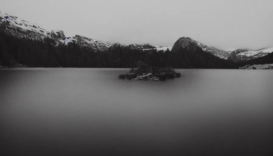 Image similar to photo of a rope on the surface of water, in the middle of a lake, overcast day, rocky foreground, 2 4 mm leica anamorphic lens, moody scene, stunning composition, hyper detailed, color kodak film stock