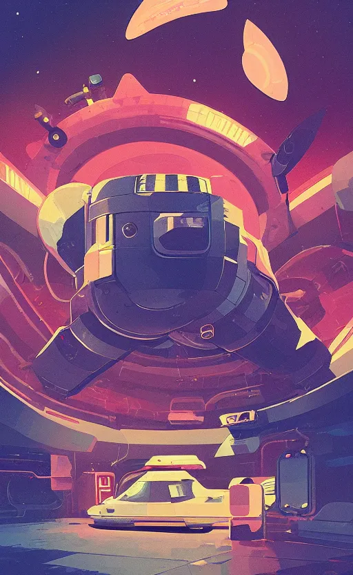 Image similar to spaceship in a gas station in space, sharp focus, james gilleard, sci - fi, print, risograph, cinematic, game art