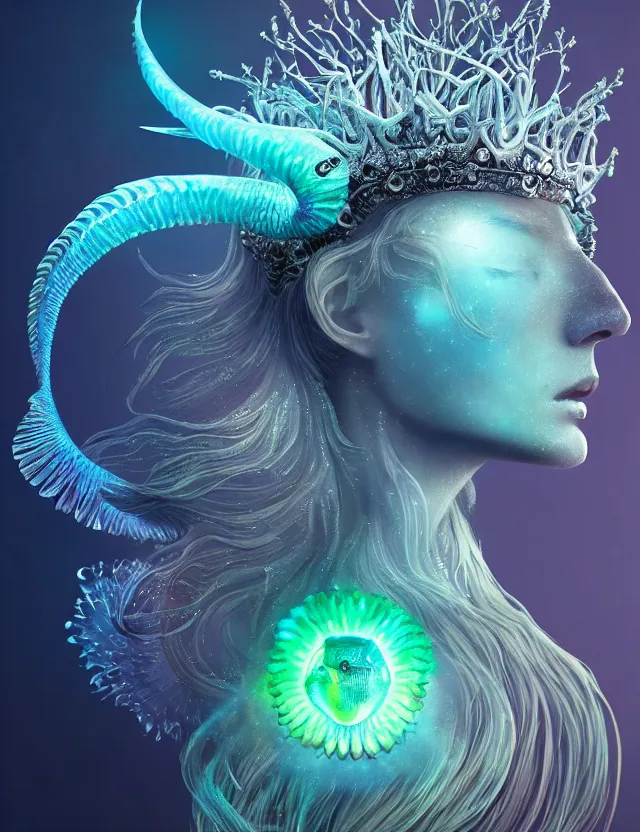 Image similar to goddess macro close - up portrait wigh crown made of ram skull. betta fish, jellyfish phoenix, bioluminiscent, plasma, ice, water, wind, creature, super intricate ornaments artwork by tooth wu and wlop and beeple and greg rutkowski