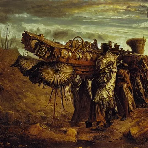 Image similar to by rudolf ernst, by pieter aertsen apocalyptic. a installation art of a coffin being carried by six men through an ethereal, otherworldly landscape. the men are all wearing hooded cloaks. the landscape is eerie & foreboding, with jagged rocks & eerie, glowing plants.