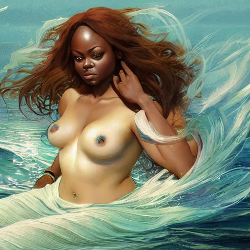 Image similar to jada fire as a beautiful mermaid emerging from the ocean, highly detailed, digital painting, artstation, concept art, sharp focus, illustration, art by artgerm and greg rutkowski and alphonse mucha