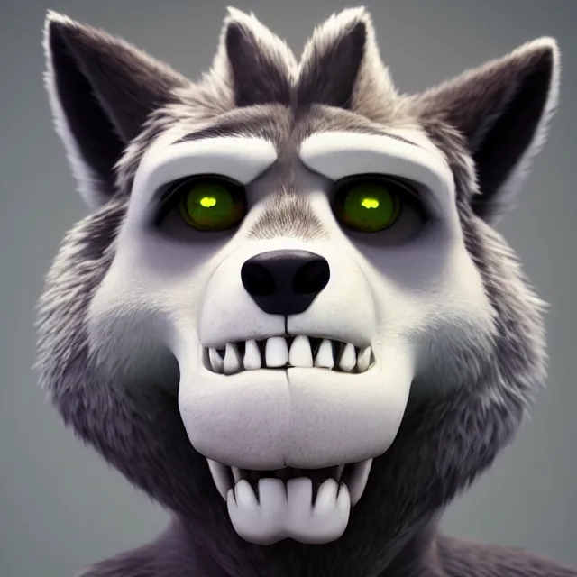 Prompt: portrait headshot of a handsome male white skull - wolf in the style of zootopia. pixar, fur volumetric lighting, subsurface scattering, hyperrealistic, octane render, hyperdetailed