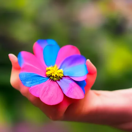 Image similar to closeup photo of rainbow - colored flower with 7 petals, held by hand, shallow depth of field, cinematic, 8 0 mm, f 1. 8