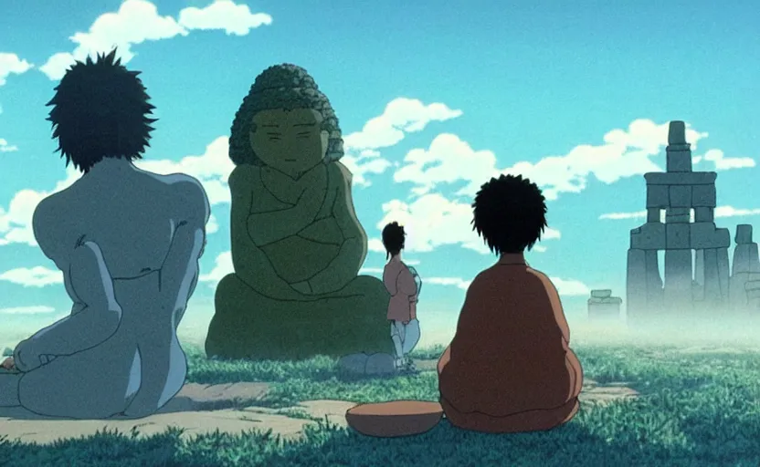 Image similar to movie still from studio ghibli movie showing a highly detailed landscape with a giant long haired buddha in lotus position with stonehenge in the background. 1 9 8 0 s science fiction, 1 9 7 0 s science fiction, cyberpunk, misty, depth perception, 4 k