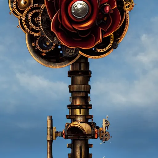 Image similar to giant mechanical rose, steampunk, fantasy art, sky, 4 k
