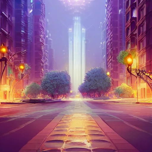 Image similar to an art deco cityscape with flowers lining the street. incredible voluminous indirect soft glow cinematic lighting, hyperdetailed features, movie still, intricate, octane render, unreal engine, crepuscular rays, god rays, by beeple and rhads and donato giancola