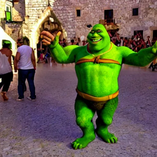 Prompt: shrek drunk in croatia