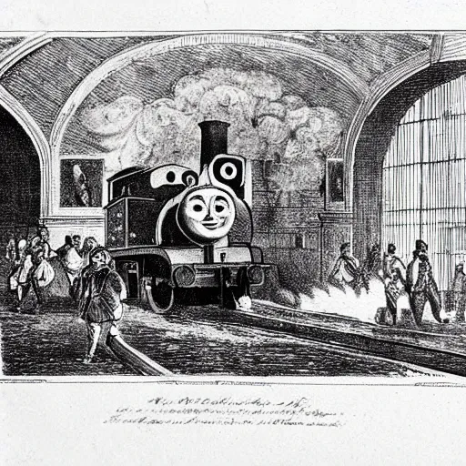 Prompt: 1 7 0 0 s newspaper etching of thomas the tank engine crashing into grand central station