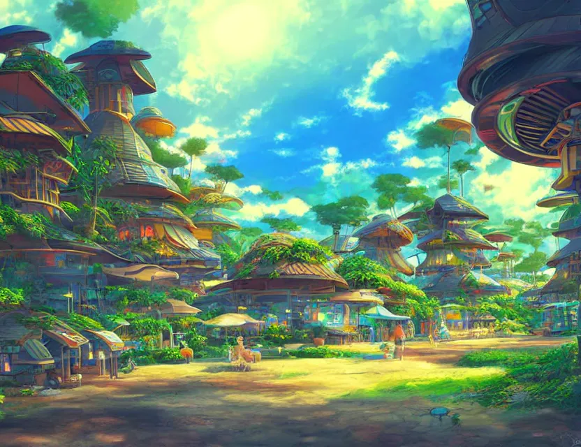 Prompt: futuristic but cozy fantasy village at a tropical coast. this air brush painting by the award - winning anime artist has an interesting color scheme, plenty of details and impeccable lighting.