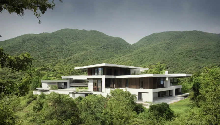 Image similar to villa inspired by tibetan architecture, on a green hill, overlooking a valley with trees, frank lloyd wright, zaha hadid, le corbeusier, photorealistic, birds eye view