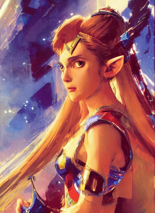 Image similar to Princess Zelda by John Berkey and Vincent Di Fate, rule of thirds, seductive look, beautiful, in intergalactic hq, ethereal lighting, smooth, masterpiece, Refined