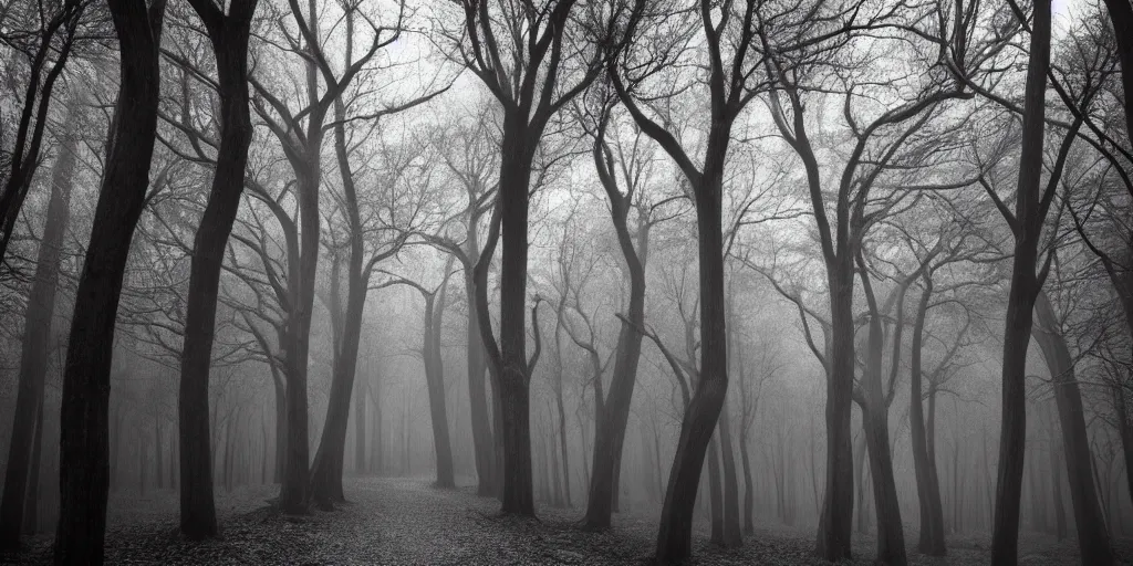 Prompt: dark path creepy trees arching grayscale fog