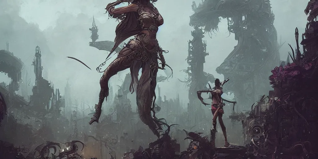 Prompt: a detailed illustration of a warrior woman against the background of an overgrown city and a cloudy sky, artstation, by Peter Mohrbacher, Art Nouveau, sophisticated, Unreal engine, dystopia, anti-utopia, post processing, nostalgic melancholic artwork, intricate