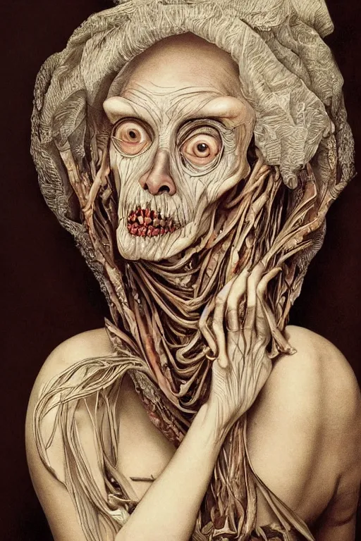 Image similar to Detailed maximalist portrait of a beautiful old woman with large lips and eyes, scared expression, botanical skeletal with extra flesh, HD mixed media, 3D collage, highly detailed and intricate, surreal illustration in the style of Caravaggio, dark art, baroque, centred in image