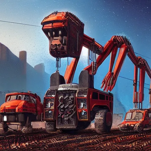 Image similar to giant scary quadrupedal mining machine with drill, four legs, highly detailed body, retro, industrial, in the style of simon stalenhag