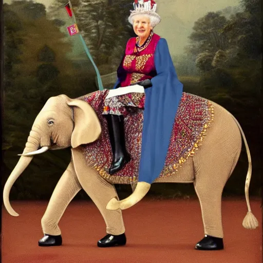 Image similar to the queen of england riding an elephant