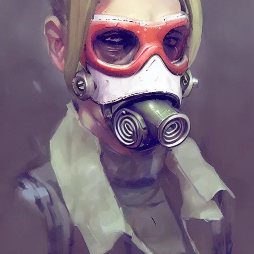 Prompt: Portrait of a zombie wearing a gas mask by Krenz Cushart