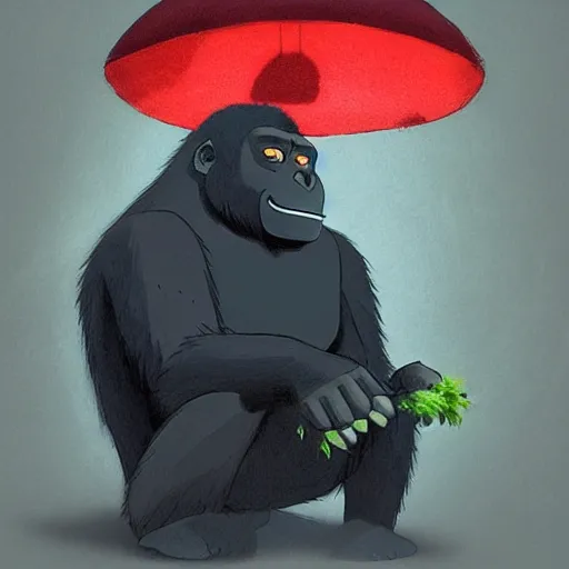 Image similar to gorilla wearing a black shirt, holding a red mushroom, landscape illustration concept art anime key visual trending pixiv fanbox by wlop and greg rutkowski and makoto shinkai and studio ghibli and kyoto animation