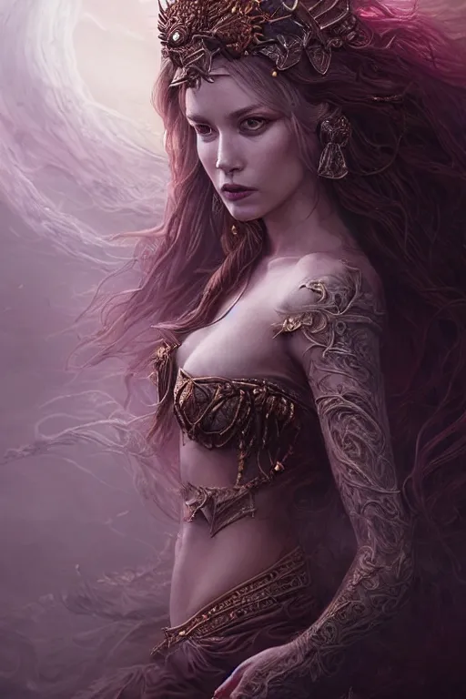 Image similar to majestic and regal portrait of a beautiful young female poison goddess!!, intricate, epic, elegant, menacing, fantasy, highly detailed, digital painting, hard focus, beautiful volumetric lighting, epic light, ultra detailed, souls, smoke, by leesha hannigan, ross tran, thierry doizon, kai carpenter, ignacio fernandez rios