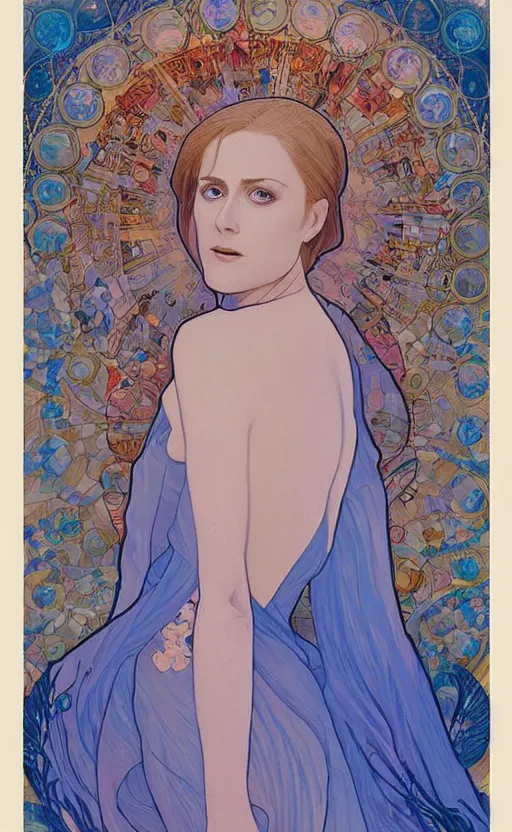 Image similar to delores ( evan rachel wood ) from westworld in blue dress as a goddess in alfons mucha style, highly detailed, pastel colors, smooth lines ， artgerm, artstation