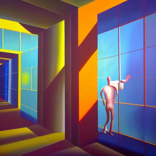 Image similar to A surreal piece of art depicting a man who doesn't know where he is, complex room structure, ray-traced lighting, colours leaking, implosion, dreamy, oil on canvas