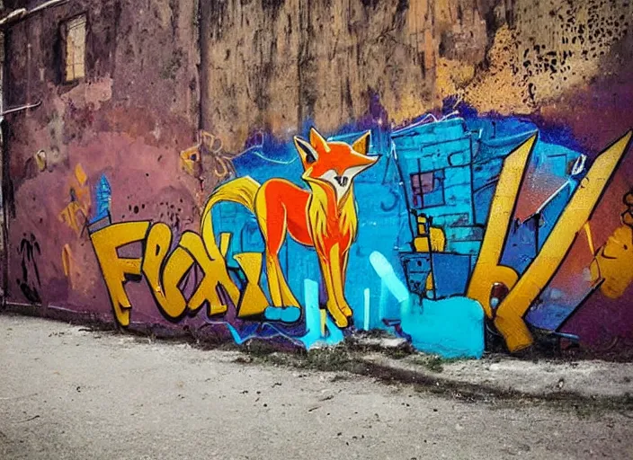 Image similar to fox graffiti, dirty wall, alley, impressive, colorful, photograph