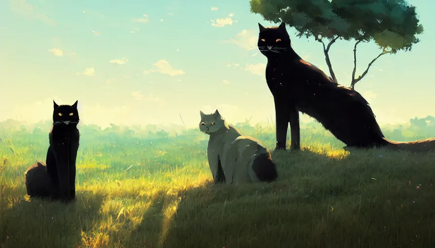 Prompt: contemporary semi abstract acrylic painting of really tall sitting cats by makoto shinkai, by greg rutkowski, thick brush strokes and visible paint layers, glistening clouds in background