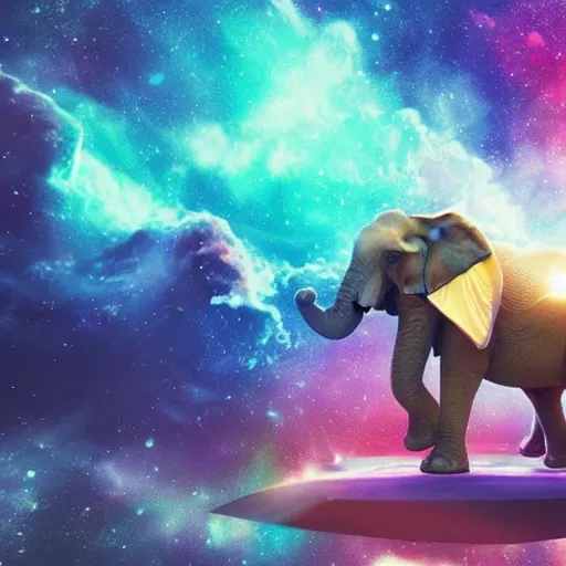 Prompt: astronaut riding! an elephant!! in space, colorful nebula in the background, photorealistic Octane render,