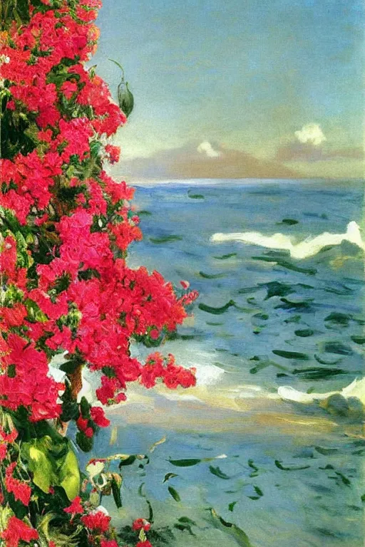 Image similar to beach, rose bunch on the sea surface, a sun in the sky bougainvillea palms, painting by john singer sargent