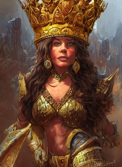 Image similar to dwarven queen wearing a crown, ultra detailed fantasy, dndbeyond, bright, colourful, realistic, dnd character portrait, full body, pathfinder, pinterest, art by ralph horsley, dnd, rpg, lotr game design fanart by concept art, behance hd, artstation, deviantart, hdr render in unreal engine 5