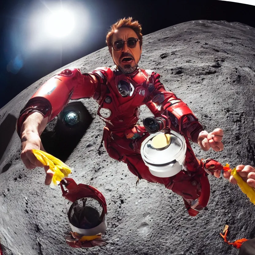 Image similar to robert downey jr eating a hot dog on the moon, dynamic lighting, gopro selfie with a fisheye lens